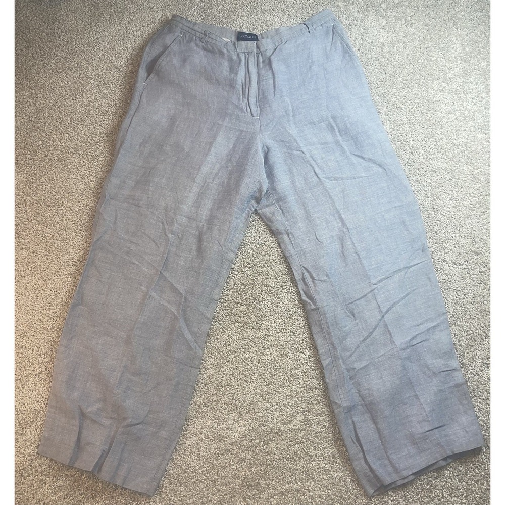 Ann Taylor Wide Leg Cropped Linen Blend Pants Blue Womens Size 10 Nautical Beach